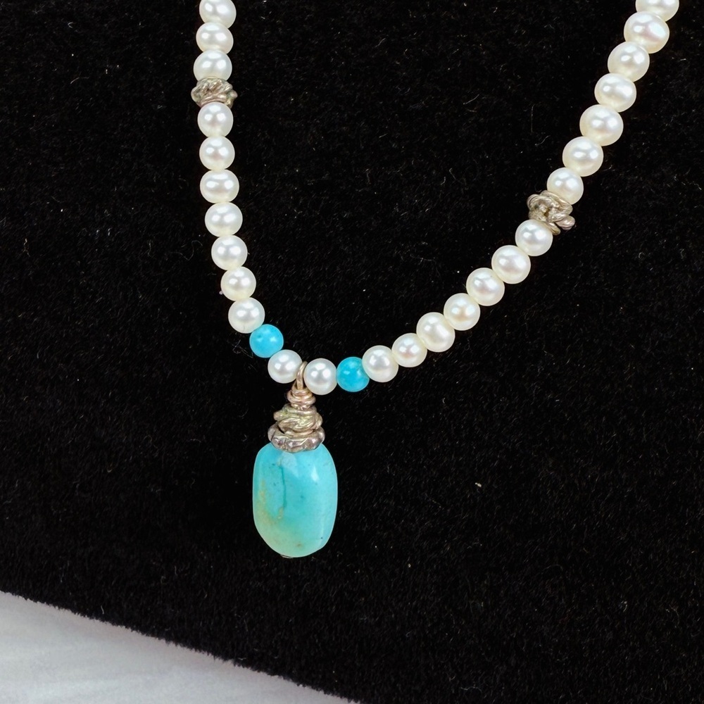 Blue Accent Drop Pendant Beaded Necklace Silver Tone Boho Minimalist Gift